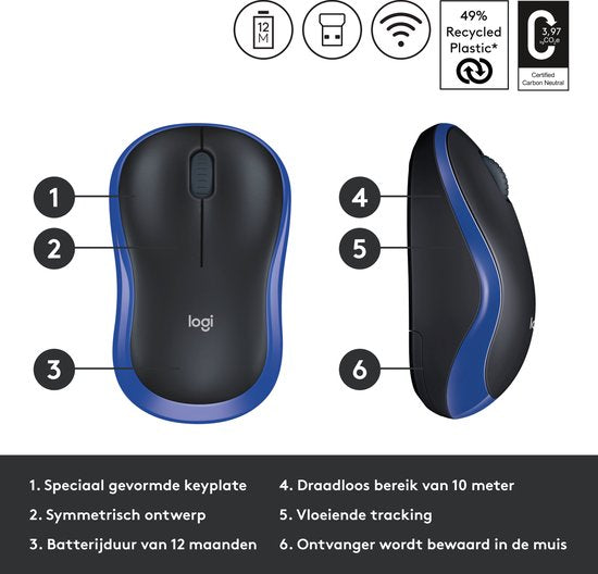 Logitech M185 - Draadloze muis - Blauw