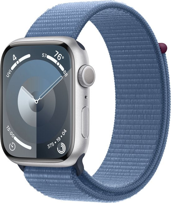 Apple Watch Series 9 - 45mm - Kast met Winter Blue Sport Loop - Zilver Aluminium