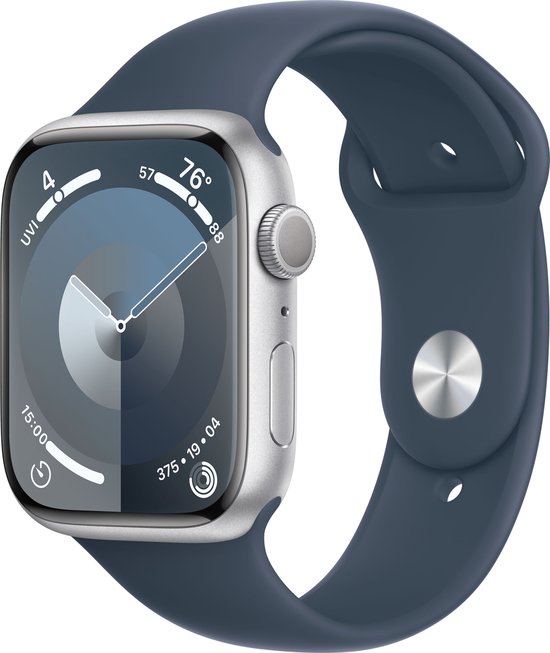 Apple Watch Series 9 - 45mm - Zilveren aluminium kast met stormblauwe sportband - M/L